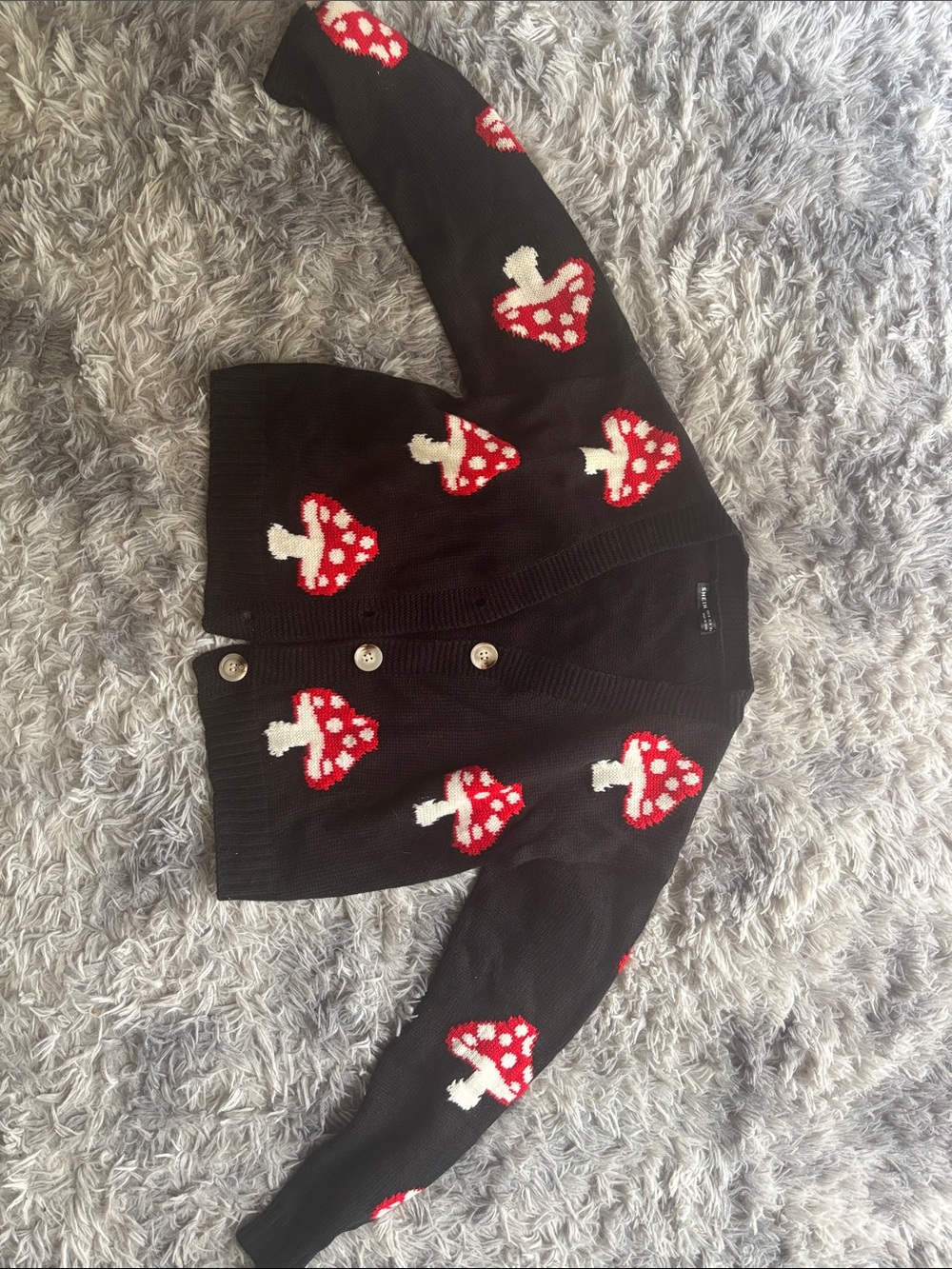 Kids Black Cardigan with Red Mushroom Motif